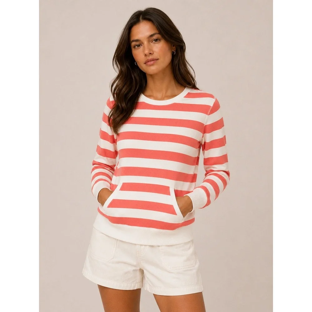 Tommy Hilfiger Womens Striped Sweater Size M Coral White Preppy Coastal Vintage